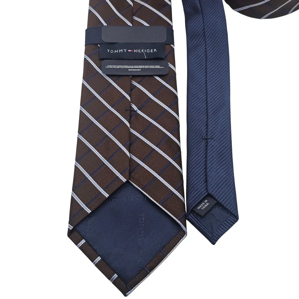 Tommy‎ Hilfiger Silk Tie Brown Blue Grid Classic Business Office Preppy Academia
